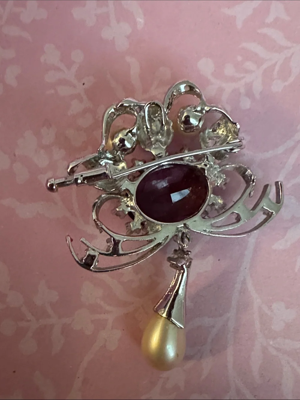 Vintage Brooch Purple Crystal And Pearl Drop Silver-Tone Brooch Costume Jewelry